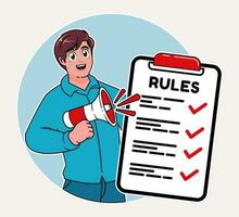 een Mens uitleggen de lijst van reglement en wetten, een checklist gids naar reglement vector