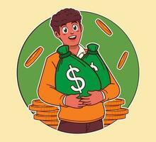 een Mens draag- een zak van geld, groot winst, extra inkomen, bedrijf investering vector
