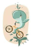 een walvis Aan een fiets. kinderen illustratie. ansichtkaart, poster voor kinderen kamer. vector