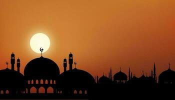 Ramadan kaart met moskeeën koepel, vol maan Aan oranje lucht achtergrond, horizon banier Ramadan nacht met schemering schemer lucht voor Islamitisch religie, eid al adha,eid mubarak, eid al fitr, ramadan kareem vector