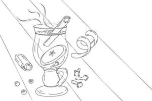 uit de vrije hand schets tekening van glas kop met overwogen wijn, kaneel stok, kruidnagel en appel plak. eps vector