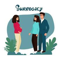 paar met surrogaat zwanger vrouw. vector illustratie vlak tekenfilm stijl met hand- getrokken belettering. adoptief ouders. draagmoederschap. eps10