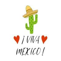 viva Mexico kleurrijk feestelijk achtergrond. tekenfilm vector hand- getrokken tekening illustratie. veelkleurig helder Mexicaans ontwerp met tekst, cactus, sombrero. helder teken afdrukken logo etiket banier kaart insigne