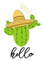 kleurrijk feestelijk symbool met tekst Hallo. tekenfilm vector hand- getrokken tekening illustratie. veelkleurig helder Mexicaans ontwerp met tekst, cactus, sombrero. helder teken afdrukken logo etiket banier kaart insigne