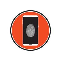 slim telefoon logo ontwerp. mobiel vector illustratie met vingerafdruk en binnen oranje cirkel vorm icoon .