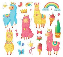 grappig Mexicaans glimlachen alpaca met pluizig wol en schattig regenboog lama eenhoorn. magie huisdieren tekenfilm illustratie reeks vector