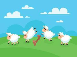 tellen jumping schapen voor Welterusten slaap. schapen springen over- hek voor slapeloosheid vector concept illustratie