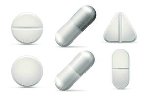 ronde wit genezen pillen, aspirine, antibiotica en pijnstiller drugs. pijn behandeling pil en farmaceutisch drug vector reeks geïsoleerd