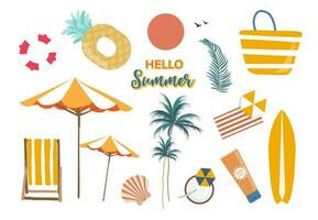 zomer voorwerp met strand, zee, boom, zon, stoel voor ansichtkaart vector