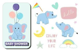 baby olifant voorwerp met ster, hart, maan, regenboog voor verjaardag ansichtkaart vector