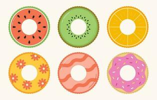 verzameling van opblaasbaar zwemmen ringen. schattig kleurrijk rubber speelgoed. watermeloen, kiwi, oranje, donut. vector