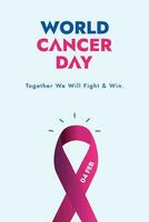 wereld kanker dag. wereld kanker dag bewustzijn spandoek. 4 februari wereld kanker dag banier met Purper lint Aan roze achtergrond. kanker bewustzijn campagne. samen wij zullen strijd en winnen. 4e februari. vector