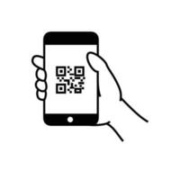 qr code scannen icoon in smartphone. hand- Holding mobiel telefoon in lijn stijl, streepjescode scanner voor betalen, web, mobiel app, promo. vector