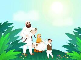 tekenfilm karakter van Islamitisch vader geven schapen naar zijn zoon Aan buitenshuis lucht visie achtergrond. eid-al-adha mubarak poster of banier ontwerp. vector