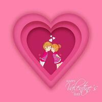 roze hart vorm groet kaart ontwerp met schattig liefhebbend paar karakter Aan de gelegenheid van gelukkig Valentijnsdag dag. vector