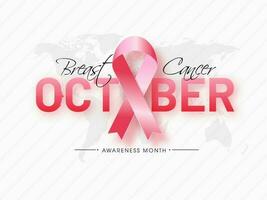 oktober tekst met roze lint Aan wit wereld kaart gestreept achtergrond voor borst kanker bewustzijn maand concept. vector