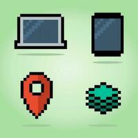 8-bits pixel, ui symbool icoon. notitieboekje, smartphone, pin en laag icoon in vector illustraties