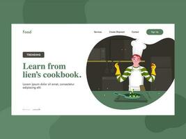leren van pandrecht kookboek landen bladzijde ontwerp met chef karakter Koken in keuken. vector
