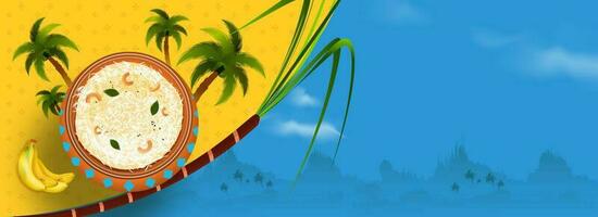 website hoofd of banier ontwerp met top visie van pongali rijst- pot, banaan, kokosnoot boom en suikerstok Aan geel en blauw natuur visie achtergrond. vector