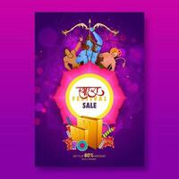 reclame uitverkoop poster of sjabloon ontwerp met korting aanbod voor Indisch festival gelukkig dussehra viering concept. vector