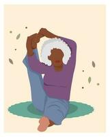vector illustratie van een zwart oud vrouw in yoga houding Aan een mat Bij huis. yoga oefening. oud en gelukkig vrouw uitrekken haar been in touw omhoog