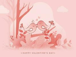 gelukkig Valentijnsdag dag viering groet kaart met romantisch vogelstand paar zittend Aan roze natuur visie achtergrond. vector