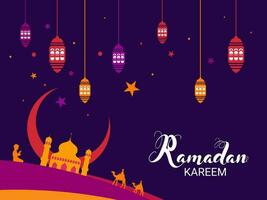 Ramadan kareem viering met moskee, halve maan maan, kameel, silhouet jongen bidden namaz en hangende Arabisch lantaarns versierd Aan Purper achtergrond. vector