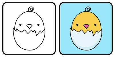 kleur boek voor kinderen. kleur bladzijde. een kuiken gluurt uit van een eierschaal. een pasgeboren kuiken. vector illustratie