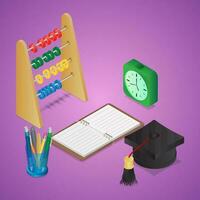 3d diploma uitreiking pet met Open notitieboekje, pen houder, telraam, alarm klok Aan Purper achtergrond. vector