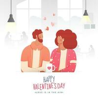 gezichtsloos jong paar drinken thee of koffie in cafe Aan de gelegenheid van gelukkig Valentijnsdag dag, liefde is in de lucht. vector