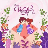 romantisch kinderen paar in Open envelop met bloemen versierd gelukkig Valentijnsdag dag groet kaart ontwerp. vector