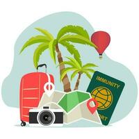 vlak op reis Aan vliegtuig, planning een zomer vakantie, toerisme en reis voorwerpen en passagier bagage. immuniteit paspoort vector