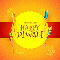 gelukkig diwali festival bericht kaart of poster ontwerp met raket vuurwerk Aan oranje bloemen patroon achtergrond. vector