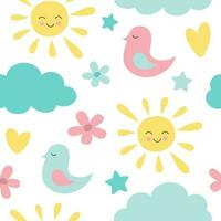 naadloos patroon met vogels, wolken, zon, harten en bloemen. vector illustratie
