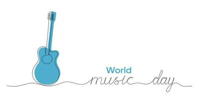 vector illustratie van single lijn tekening van gitaar en belettering wereld muziek- dag. muziek- dag logo concept met gitaar.