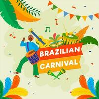 tekenfilm Mens spelen trommel met muziek- instrumenten en kleurrijk veren Aan geel achtergrond voor braziliaans carnaval viering. vector