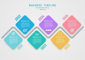 tijd lijn 6 jaren infographic midden- weg veelkleurig plein getallen jaar pictogrammen en tekens ontworpen voor sjabloon, bedrijf, marketing, financiën, investering, Product, planning vector