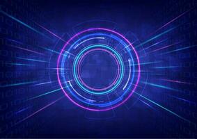 abstract achtergrond toekomst technologie tech cirkel met leeg ruimte in de midden- veelkleurig gloeiend neon met straal in beweging binair en kubus perspectief. blauw helling achtergrond vector