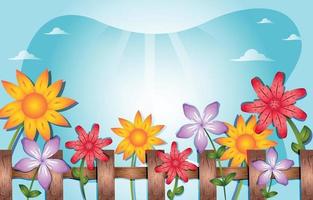 houten hek met bloemen en hemelachtergrond vector