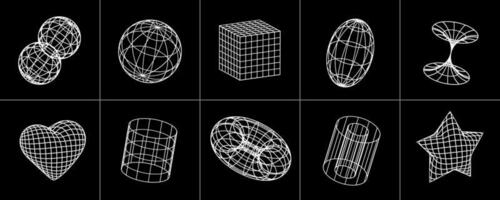 reeks van modieus 3d vector figuren en vormen in retro y2k stijlvol, 3d dimensionaal voorwerpen, decoratief ontwerp elementen.