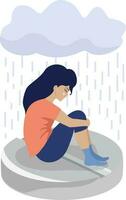 depressief verdrietig vrouw zitten Aan drug tablet. depressie pillen. depressie drugs. psychologisch ziekte concept vector