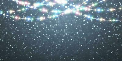 Kerstmis sneeuw. vallend wit sneeuwvlokken Aan donker achtergrond. Kerstmis kleur guirlande, feestelijk decoraties. gloeiend Kerstmis lichten. vector sneeuwval, sneeuwvlokken vliegend in winter lucht
