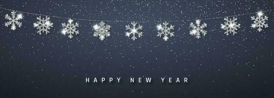 Kerstmis of nieuw jaar zilver sneeuwvlok decoratie slinger Aan donker achtergrond. hangende schitteren sneeuwvlok. vector illustratie