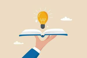 kennis of opleiding, studie of aan het leren nieuw vaardigheid, creativiteit of idee, lezing boek voor inspiratie, Ontdek oplossing of literatuur, wijsheid concept, hand- houden Open boek naar Ontdek gloeilamp idee. vector