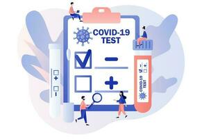 coronavirus covid-19 testen. klein dokter of verpleegster aan het doen coronavirus pcr testen. geduldig ontvangen covid-19 snel testen. positief of negatief testen resultaat. modern vlak tekenfilm stijl.vector illustratie vector