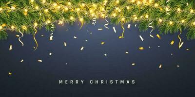 feestelijk Kerstmis of nieuw jaar achtergrond. Kerstmis dennenboom takken met confetti en licht guirlande. vakantie achtergrond. vector illustratie