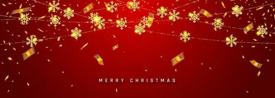 Kerstmis of nieuw jaar gouden sneeuwvlok decoratie slinger met confetti Aan rood achtergrond. hangende schitteren sneeuwvlok. Chinese nieuw jaar groet kaart vector illustratie