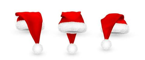 realistisch rood de kerstman claus hoed geïsoleerd Aan wit achtergrond. helling maas de kerstman claus pet met vacht. vector illustratie