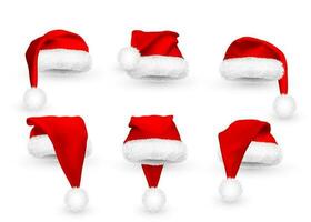 realistisch rood de kerstman claus hoed geïsoleerd Aan wit achtergrond. helling maas de kerstman claus pet met vacht. vector illustratie