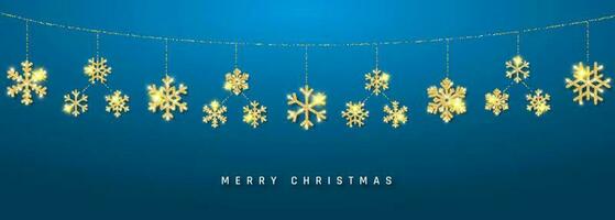Kerstmis of nieuw jaar gouden sneeuwvlok decoratie slinger Aan blauw achtergrond. hangende schitteren sneeuwvlok. vector illustratie